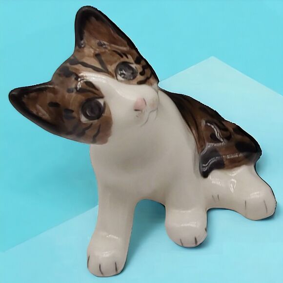 Artist Glazed Studio Art Crackle Heavy Ceramic Sitting Striped Tabby Cat Bookend - Picture 3 of 13